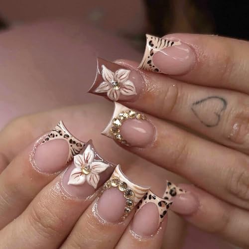 French Tip Press on Nails Short Square Leopard Flower Design - color: Brown Black Gold Pink