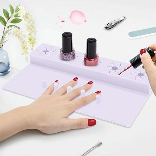 Nail Polish Holder, 2 in 1 Silicone Hand Rest Mat Set - Purple - color: Purple