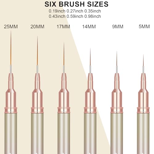 KEMEISI 6Pcs Nail Art Liner Brushes, Striping Nail Art Brush for Gel Polish Painting, Thin Detail Brush Fine Drawing Art Design Pen Size 5/7/9/11/15/25mm