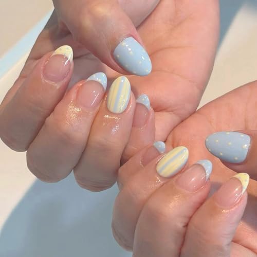 Short Almond Press On Nails - Polka Dot, Striped - color: Color-35