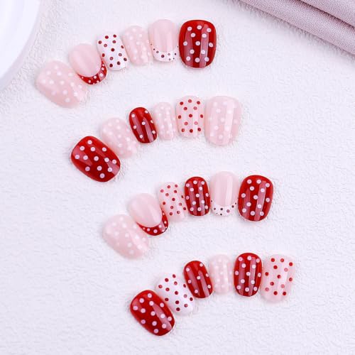 Polka Dot Press On Nails Short Almond Fake Nails Red White French Tip Nails - color: BD-Claret-10