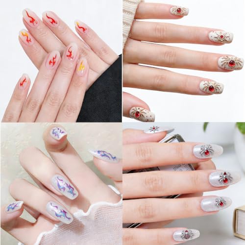 WOKOTO 4 Sheets Halloween Nail Stickers, Spider & Flame Nail Decals in Foil Gold Foil Silver Orange-Red & Blue-Purple, Self-Adhesive Gothic Nail Art Decals for Women Girls Halloween Manicure DIY Nails - color: Spider & Flame