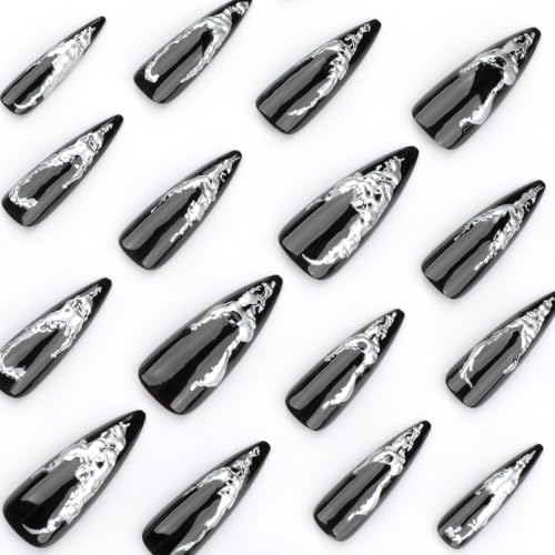 Gothic Black Press on Nails Long Stiletto - 3D Silver - color: Style-25