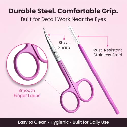 Curved Cuticle and Eyebrow Scissors with Eyelash Comb, Pink - color: Ss-csp-02