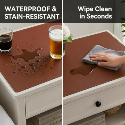 Leather Nightstand Mat for Bedside Table, Waterproof Vanity Desk and Nail Table Mat, Non-Slip Dresser Top Cover for Makeup, Perfume and Daily Essentials (Brown, 17.7"*15.7") - color: Brown, size: 17.7" x 15.7"