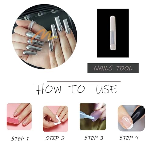 MISUD Press on Nails - Long Square Glue on Nails with Silver Chrome, Acrylic Metallic Design 24 pcs - color: 07814-13Silver