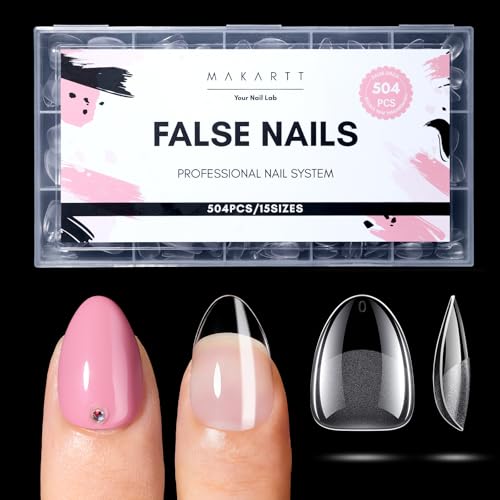 Makartt Extra Short Almond Nail Tips: 504PCS Pre Etched Clear False Nails Tips Almond Shapes, 15 Sizes Full Cover Half Matte Soft Acrylic Press On Nail Extensions Supplies Salon and DIY at Home - size: Extra Medium Almond-504 Pcs