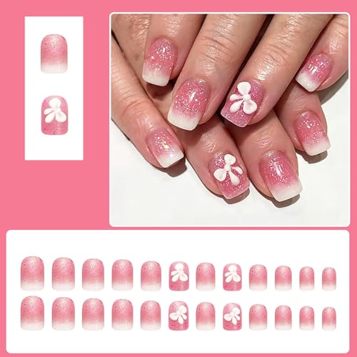 Pink Press On Nails Short Square Fake Nails With Bow Design Pink Glitter False Nails Gradient Nail Press Ons Glossy Full Cover Reusable Acrylic Glue On Nails For Women - color: short square nails-9