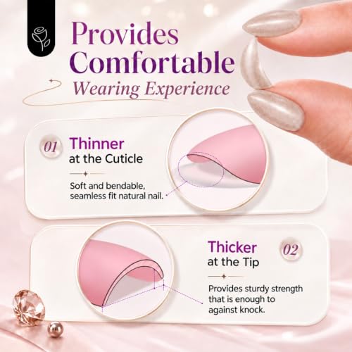 Champagne Shimmer Press On Nails, 32-Piece Almond Reusable ABS Fake Nail Kit with Nail Glue, Glue Remover, Adhesive Tabs, Mini File, Prep Pad and Manicure Stick - color: Champagne Shimmer - Almond