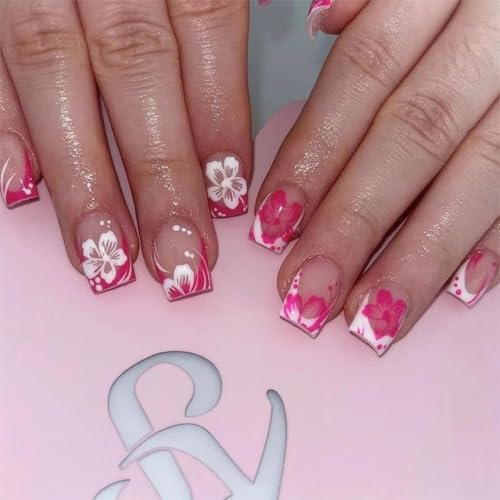RTKHFZE Short Press on Nails French Tip Nails Press Ons Square Fake Nails with Pink and white Floral Designs False Nails Full Cover Acrylic Nail for Women and Girls 24Pcs - color: style015