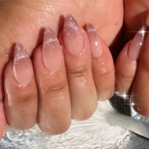 Pink Cat Eye Acrylic Press on Nails Almond Medium Fake Nails - color: 24-Pink