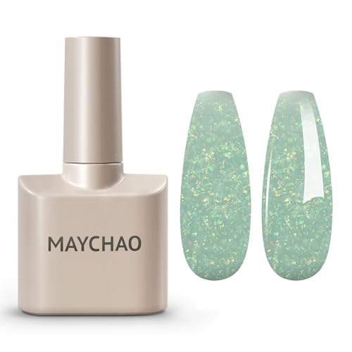 MAYCHAO 15ML Light Green Glitter Gel Nail Polish 1Pc Green Shimmer Gel Polish Soak Off UV LED Nail Polish Nail Art Starter Manicure Salon DIY at Home, 0.5 OZ - color: Light Green Glitter