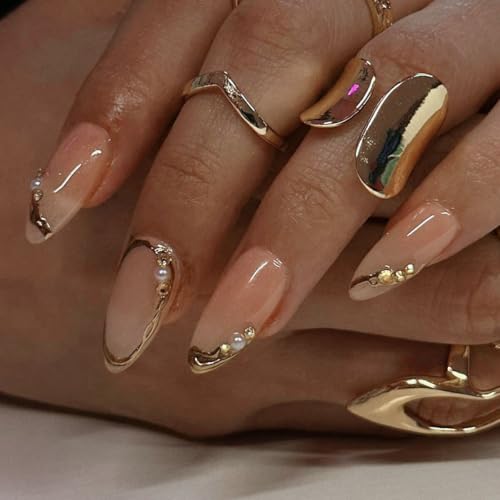 CTTHNBD Press on Nails Almond, Medium, French Tip Fake Nails - color: Chrome Gold