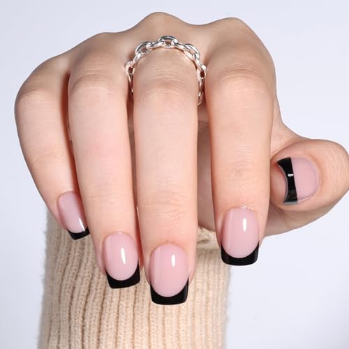 Black French Tip Press On Nails - Black Short Square Fake Nails - color: 7C - Bare Eclipse