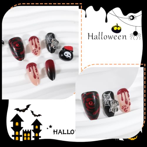 30Pcs Gothic Press on Nails Medium Almond Halloween Fake Nails with 3D Red Blood Drop Flower Silver Spider Rhinestones Design Goth False Nails Halloween Glue on Nails Spider Web Nail for Women - color: Gothic