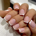 White French Tip Press on Nails Short Square Fake Nails Glossy Pink False Nails with Glue on Nails Reusable Full Cover Stick on Nails Acrylic Artificial Nails for Women DIY Nails Art Decoration