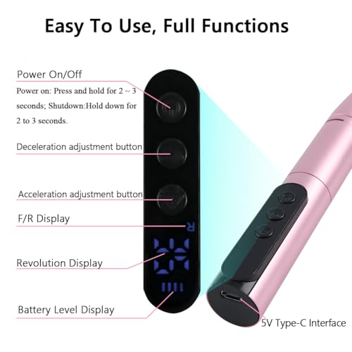 Wireless 35000RPM Nail Drill Pen USB Nail File Polishing Pen Rechargeable Nail Drill Machine Portable Manicure Drill Salon Tool (Pink) - color: Pink