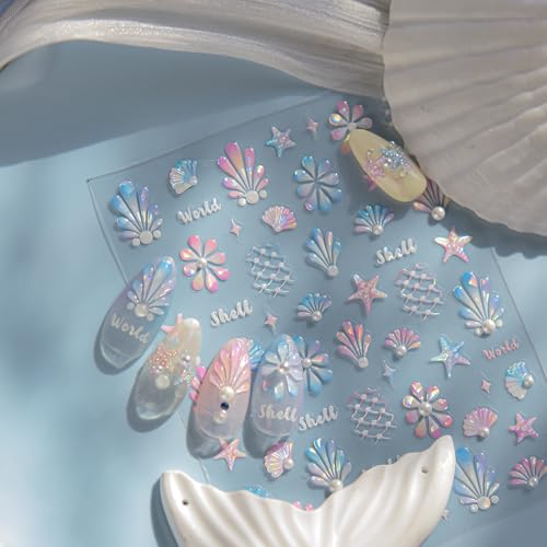 1 Sheet Summer Ocean Nail Sticker 5D Self Adhesive Starfish Nail Decals with Pearl Crystal Diamond Design Shiny Seashell Nail Art Stickers Mermaid Nails Supplies for Women Manicure Decoration DIY - color: Mermaid