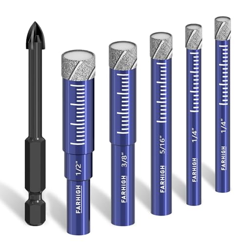 6 Pcs Diamond Drill Bit Set,1/4",5/16",3/8",1/2", Ceramic, Tile Drill Bits