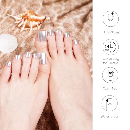 DANNI & TONI Semi Cured Gel Toenail Strips Sliver (Gloss Babe) Mirror Toe Nail Stickers Gel Pedi Wraps 37 Stickers - color: Gloss Babe