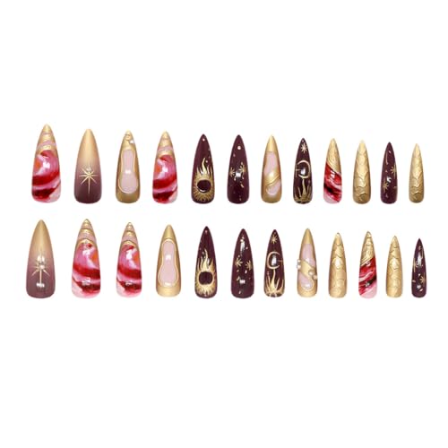 24Pcs Gothic Press On Nails Almond Long Stiletto Fake Nails Luxury Chrome Gold 3D Rhinestone Designs Y2k Sun Moon Star Stick On Nails Reusable Acrylic False Nails for Women Girls Nail Art Decoration