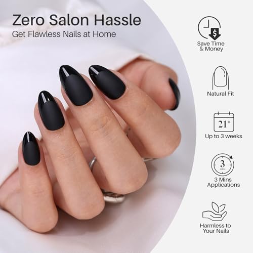 SHANGMENG Halloween Press on Nails, Almond Short Matte Black French Nails - color: Matte Black