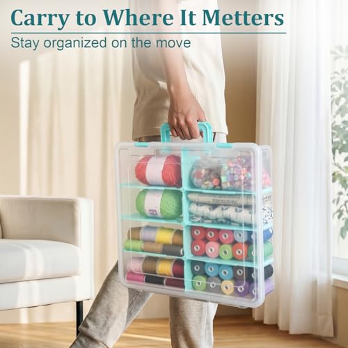 BTSKY Clear Plastic Dividing Storage Box with 8 Compartments Sewing Box - size: 15.1x13.9x3.5 Inches-Clear