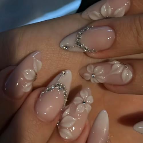 White Press on Nails - Medium Almond, 3D Handmade Floral, Rhinestone - color: Color-32