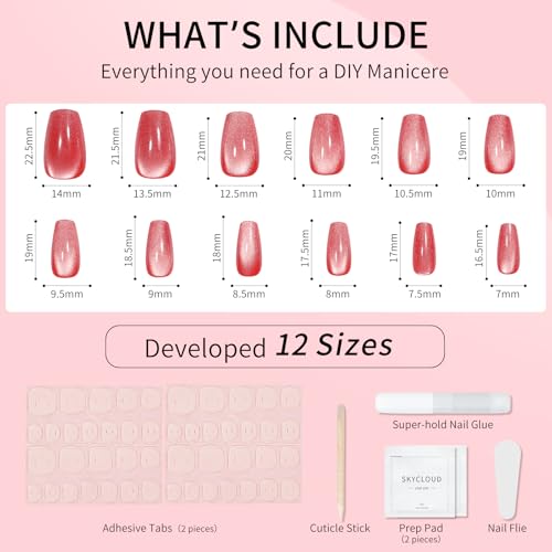 Red Cat Eyes Press On Nails,12 Sizes - 24 Pcs Soft Gel Red Medium Coffin Fake Nails Kit with Nail Glue, Natural Reusable Stick On False Nails for Women and Girls SK0824 - color: 824-Red