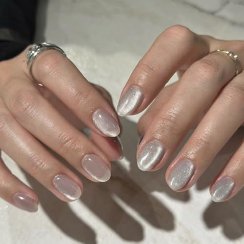 KQueenest Cat Eye Press on Nails Short Oval, 30 Pcs Light Gray Fake Nails Extra Short Almond, Glitter Magnetic Glue on Nails, Reusable Shiny Chrome Stick on Nails for Women Salon Manicure - color: Shimmer Light Grey