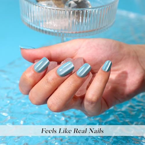 SHANGMENG Press on Nails, Square Short Aqua Blue Cat Eye Nails, Soft Gel - color: Lake Shimmer