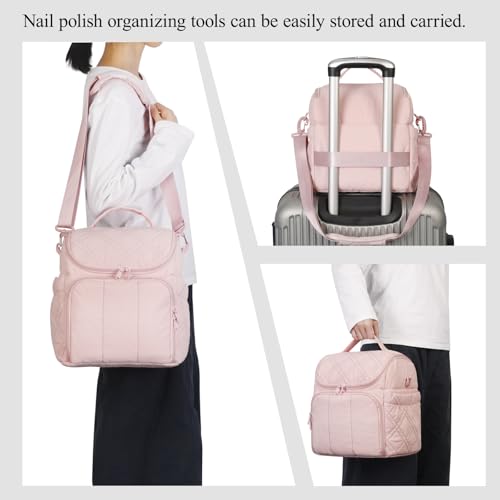 FCQQYWZ Nail Polish Organizer with 2 Detachable Cases Hold 60 Bottles & Nail Lamp, Portable Nail Organizers and Storage with Handle & Shoulder Strap, Travel Nail Bag for Manicure Tools - color: 60-Bottles-Pink