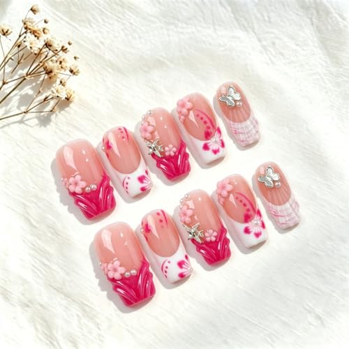 Medium Coffin Press on Nails Butterfly Pearl Handmade Fake Nails - color: style14