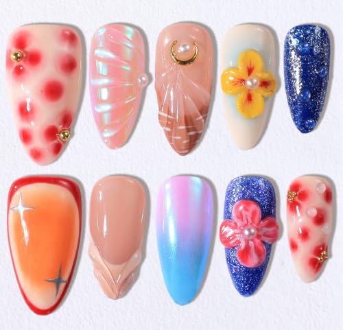 Buleens 100% Handmade Acrylic Press On Nails Medium Almond 10PCS Size S - color: Colorful Flowers Red Dot, size: S
