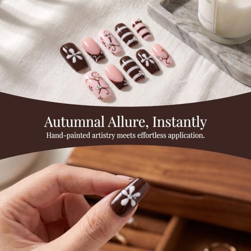 Handmade Press on Nails,Medium Coffin Flower Striped Fake Nails - color: style13