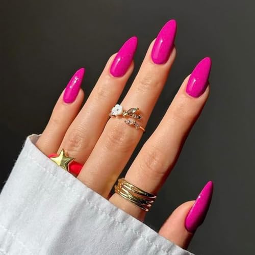 Hot Pink Acrylic Press on Nails Almond Shaped Medium Fake Nails - color: 15-Hot Pink