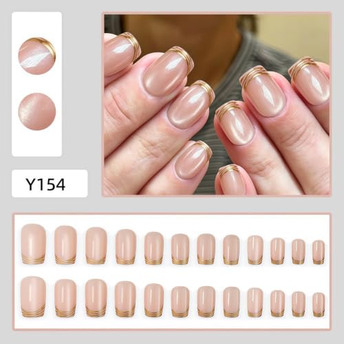 French Tip Press on Nails Medium Square Cat Eye Design - color: Gold