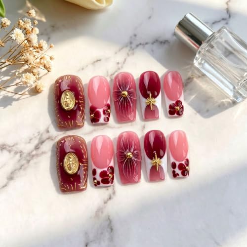 Red Handmade Press on Nails Medium Square Gradient Fake Nails - color: style11