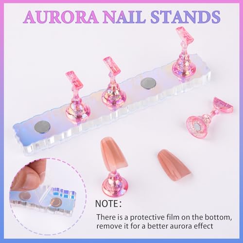 Nail Stand Acrylic Nail Art Display Stand Magnetic Nail Tips Practice Holder 54 Pcs Reusable Adhesive Putty for DIY Painting Nails Stand kit (Aurora Pink A) - color: Aurora Pink A