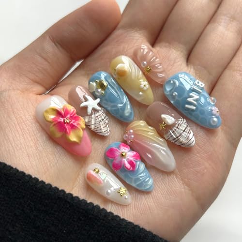 Press On Nails Medium Almond Shape - 3D Handmade Acrylic Gel Fake Nails with Glitter Designs, Reusable Thick Almond Nails for Women DIY Manicure Kit (10PCS, L Size, Easy Application) - color: 450, size: L