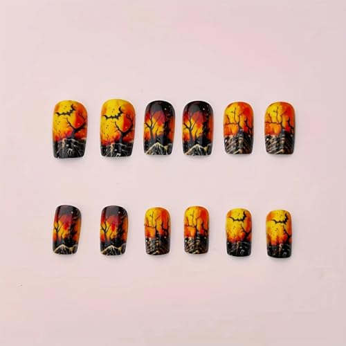 Forest Orange Press on Nails Halloween Medium Square Fake Nails with Bat Designs Halloween Glue on Nails Reusable Artificial Acrylic False Nails for Women Girls 24Pcs - color: Halloween style 17