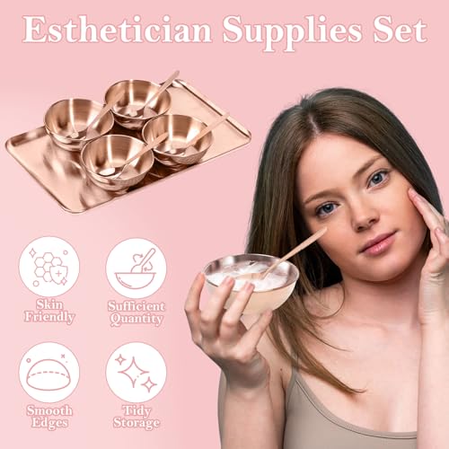 9 PCS Rose Gold Esthetician Supplies 4 Rose Gold Facial Bowls Esthetician 4 Facial Mixing Spoons Facial Mask Mixing Bowl Large Stainless Steel Skin Care Tray Esthetician Spoons for Spas - color: Rose Gold