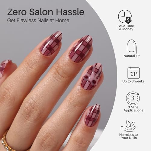 SHANGMENG Press on Nails, Almond Short Red Plaid with 3D Bow Fake Nails - color: Library Glow