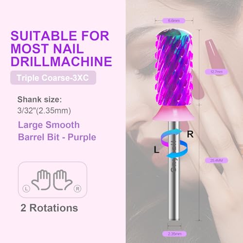 3/32" Large Smooth Barrel Safety Nail Drill Bit for Gel & Acrylic Removal - color: Purple L-S Barrel, size: 3XC