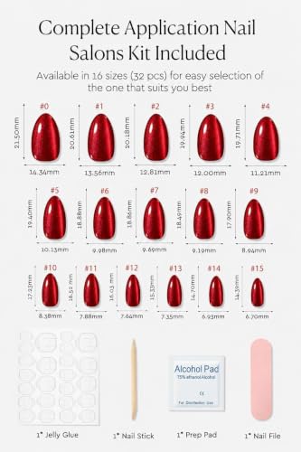 AzureBeauty Short Almond Press On Nails, Ruby Red Cat Eye, 32 Pcs 16 Sizes - color: B1-Ruby Red Cat Eye