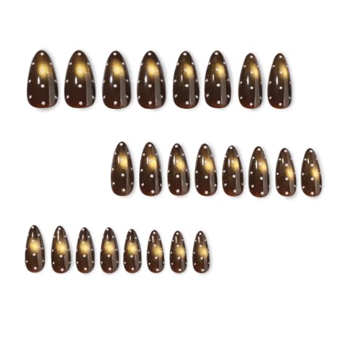 Brown Press on Nails Almond, Fall Winter Cat Eye, Polka Dots, Medium - color: Style-37
