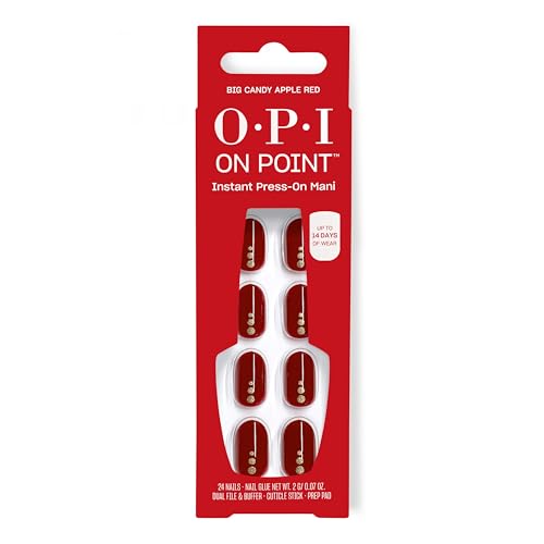 OPI On Point Press On Nails | Instant Mani | 24 Count With Nail Glue - color: Big Candy Apple Red | Bright Red with Gold Glitter Nail Art, style: Short Round