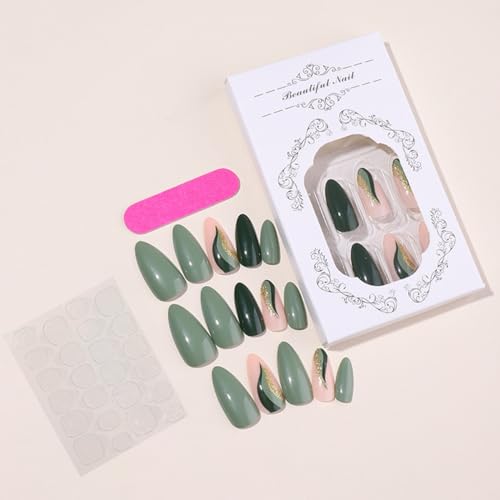 CTTHNBD Press on Nails Green - Medium Almond Fake Nails with Gold Foil Design - Christmas, Glossy Full Cover Stick on Nails - for Women 24 Pcs - color: Gold Green