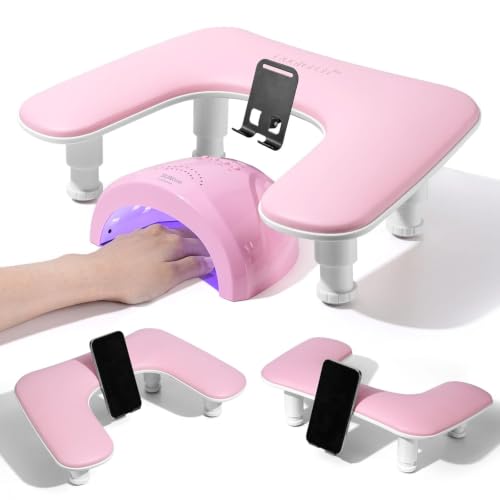U-Shaped Manicure Arm Rest for Nails Tech with Rotating Phone Stand, Pink - color: 3nd Gen Height-adjustable Rose