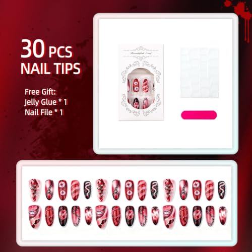 30pcs Halloween Press on Nails Gothic Red Black Eye Spider Web Fake Nails - color: Halloween Press on Nails 14